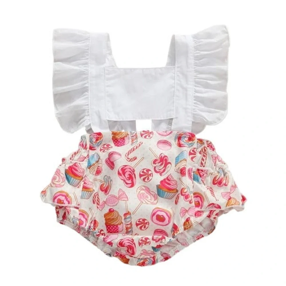 Canrulo Babies 12M Flying Sleeve Lemon Cartoon Cake Print Backless Pink Romper